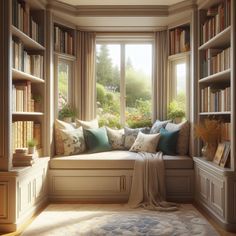 a window seat with bookshelves and pillows on it