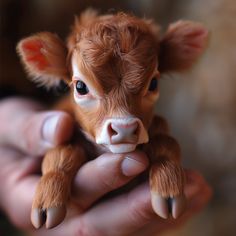 a small brown and white cow sitting in someone's hand