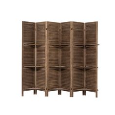 a room divider made out of wood with shelves on each side and one section open