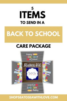 back to school care package with the words sticker it on it, and an image of