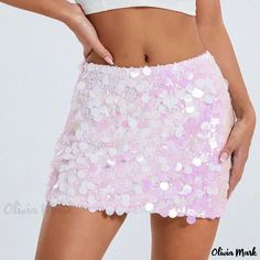 Olivia Mark - Stunning Shimmering Metallic Bodycon Mini Party Skirt with Sequin Embellishments Pink Sparkly Skirt, Streetwear Skirt, Sparkly Skirt, Hot Skirts, Wrap Shorts, Party Rock, Rave Outfit, Sequin Mini Skirts, Mini Robes