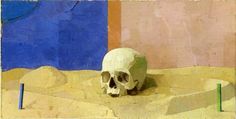 a painting of a skull sitting on the ground