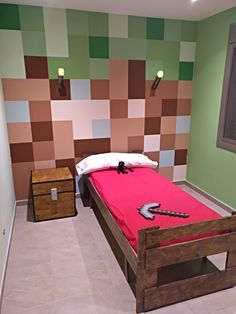 a room with a bed, nightstands and a wall made out of colored blocks