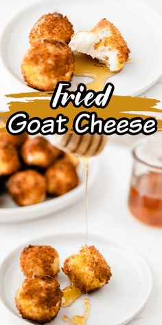 fried goat cheese is being drizzled with honey from a plate on the table