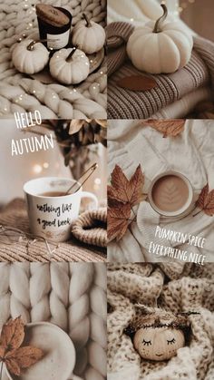 four different pictures with pumpkins, leaves and coffee cups on top of each other