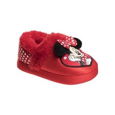 Minnie Mouse Toddler Girls Dual Sizes Nylex Fabric House Slippers. Featuring a Fun Carefree design that kids love! The perfect footwear for kids to relax or play indoors comes with a textured sole to prevent slips. Features the popular Disney character Minnie Mouse, your daughter will want to wear these house slippers all by herself! These slippers are made from high-quality, soft plush materials- lightweight, warm, and comfortable for your childs feet. Size: 7-8.  Color: Red.  Gender: female. Disney Characters Minnie Mouse, Minnie Mouse Slippers, Disney Toddler, Minnie Mouse Girl, Soft Slippers, Girls Shoes Kids, Baby Slippers, Red Candy, Slippers For Girls