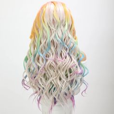 Long curly lace front wig featuring a vibrant rainbow gradient highlight dye, perfect for parties and creative styling. Made from high-temperature fiber, this heat-resistant wig is designed for daily use and offers an average cap size for a comfortable fit. Ideal for a bold and colorful look! Dyed Curly Hair, Creative Styling, Purple Wig, Green Wig, Halo Hair Extensions, Blue Wig, Rainbow Gradient, Halo Hair, Pink Wig