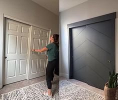 a woman standing in front of a door