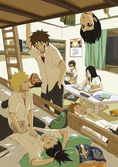 an anime scene with many people in the room and one person laying on the floor