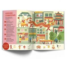 an open children's book with pictures of buildings and people in the city on it