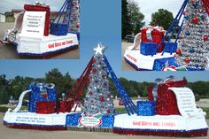 there is a float made to look like a christmas tree with presents on top and decorations around it