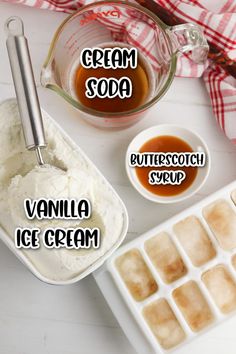 ice cream, butterscotch syrup and vanilla ice cream on a white table top