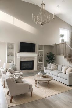 a living room filled with furniture and a chandelier hanging from the ceiling over a fire place