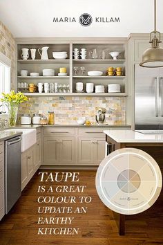 an image of a kitchen with white cabinets and yellow accents on the countertop, along with a color swatch