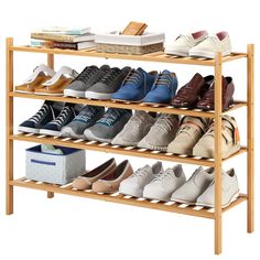 a wooden shoe rack with several pairs of shoes on top and two baskets below it