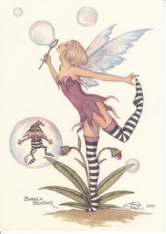 a drawing of a fairy holding a wand and blowing bubbles on top of a plant