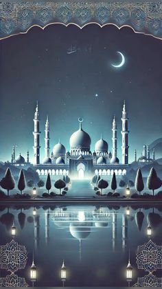 an artistic painting of a mosque at night