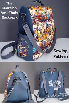 the back and side view of a handbag with different pictures on it, including an image