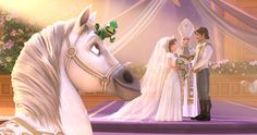 an animated wedding scene with the bride and groom standing in front of a white horse