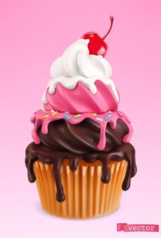 a pink cupcake with chocolate icing and a cherry on top is featured against a pink background