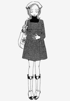 a black and white drawing of a girl with headphones on holding a handbag