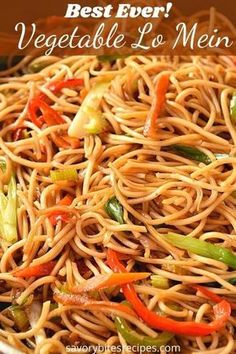 vegetable lo mein in a pan with text overlay