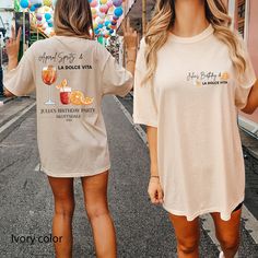 "Get ready to sip and celebrate with our Custom Cocktail Bachelorette Party Shirts! These stylish and personalized shirts Aperol Spritz Italian Aperitivo Themed are the perfect accessory for your unforgettable bachelorette party. Featuring fun and vibrant designs, you can customize each shirt with the bride's name, the date, and a unique cocktail-themed graphic and visualize yourself on the Italian Amalfi Coast being a character of Mamma Mia Musical. Whether you're hitting the town or having a girls' night in, these shirts will make a statement and ensure everyone knows you're ready to raise a glass to the bride-to-be. 💙How To Order?🧡 𝟏. Choose your shirt Size, 𝟐. Choose your shirt Color, 𝟑. Select the quantity, 𝟒. Click Add To Court. For multiple items go back to the listing and rep Vegas Birthday Shirts, Birthday Crew Shirts, Italian Aperitivo, Vegas Girls Trip, Vegas Birthday, Beach Birthday Party, Cocktail Lounge, 45th Birthday, Unique Cocktails