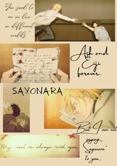 some anime characters are writing on paper with words above them and an image of the same character