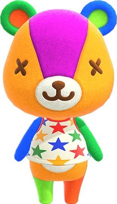 a small stuffed animal with stars on it's chest and eyes, wearing a colorful shirt