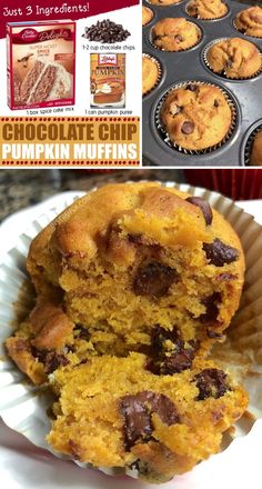 chocolate chip pumpkin muffins are stacked on top of each other and have been cut in half