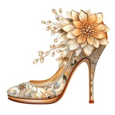 a high heeled shoe with flowers painted on the upper part of it and an embellishment in the middle