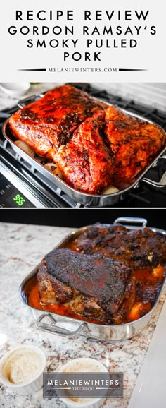 an oven with meat in it and the words recipe review gordon ramsay's smoky pulled pork