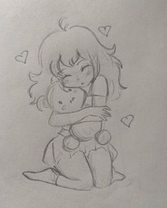 a pencil drawing of a girl hugging a teddy bear with hearts around her neck and nose