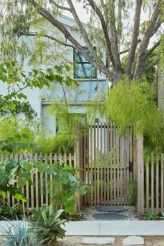 a wooden gate surrounded by plants and trees