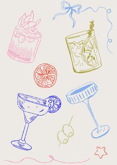 a drawing of cocktails and fruit on a white background