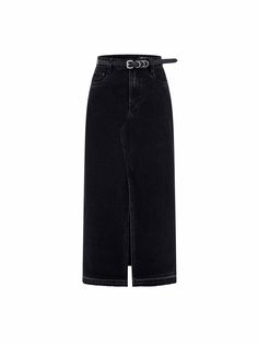 MO&Co. Women's Slit Denim Skirt in Cotton This denim skirt is an everyday addition. Crafted from 100% cotton, this maxi is washed with an enduring black shade to channel timeless fashion, and a street style dose is added from the unfinished trims on the bottom. A front slit is designed for unrestricted movement. You could style it with a casual t-shirt to maximize the slouch or embrace the sartorial hours by styling it with a decent shirt or blazer. Features : - Straight silhouette, high-rise- U Black Denim Long Skirt, Outfits With Black Skirt Long, Black Jeans Skirt, Black Denim Maxi Skirt, Long Skirt Jeans, Modest Spring Outfits, Denim Skirt Black, Black Skirt Outfits, Black Jean Skirt