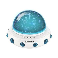 a blue and white alarm clock with stars on the top, sitting in front of a white background