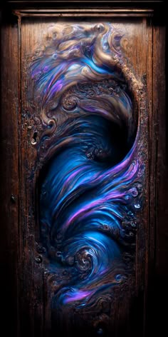 an artistic door with blue and purple swirls on the front, and wooden frame