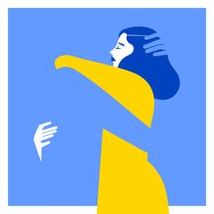 a blue and yellow poster with a woman holding her arms out in front of her face