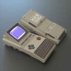 two electronic devices sitting next to each other on top of a table in front of a blue background