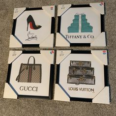 four boxes with different types of purses on them