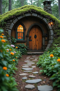 a small house with a green roof and door in the middle of a forest filled with flowers