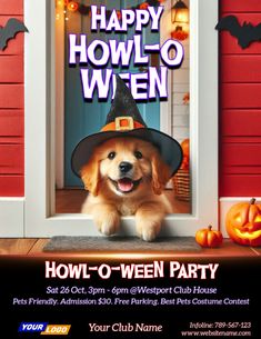 a dog wearing a witches hat and sitting in front of a door with the words happy how - o - ween party on it