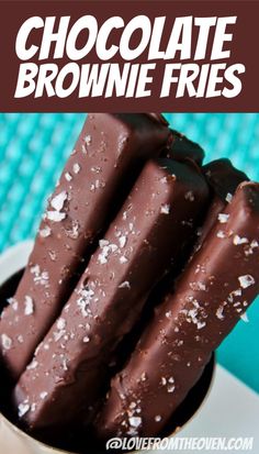 chocolate brownie fries on a plate with text overlay