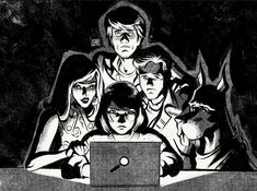 a black and white drawing of people looking at a laptop