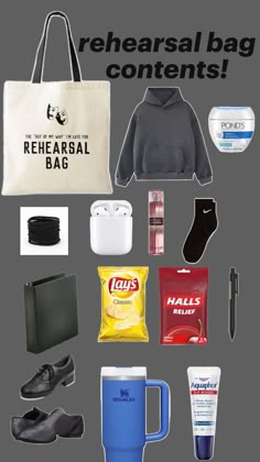 contents of a rehearsal bag Percy Jackson Costume, Musical Rehearsal, Middle School Essentials, Theater Kid Problems, Theatre Outfit, Acting Auditions, Theatre School, Artsy Aesthetic