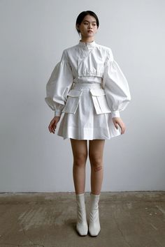 WHITE COTTON DRESS *new fabric* – MARINA EEЯRIE Russian Folk Costume, Police Uniform, Exaggerated Sleeves, Cotton Mini Dress, White Cotton Dress, Russian Folk, Folk Costume, 가을 패션, Mode Inspiration