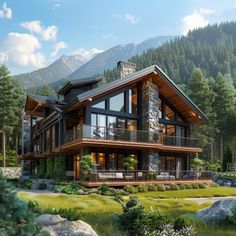 this is an artist's rendering of a house in the woods with mountains behind it