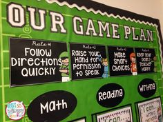 a green bulletin board with some writing on it and pictures hanging up against the wall