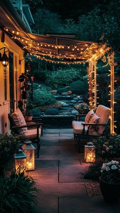 an outdoor patio with lights and chairs